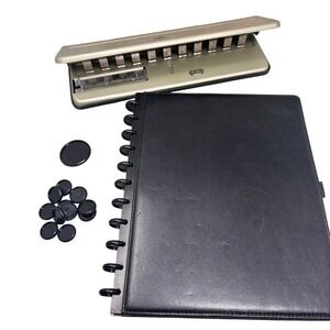 Levenger Circa Desk Punch and Staples Arc Black Leather Notebook Bundle Set